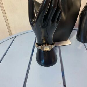 Kim Rogers Women’s Gold Tone Quartz Cuff Bangle Watch Rhinestone Bezel